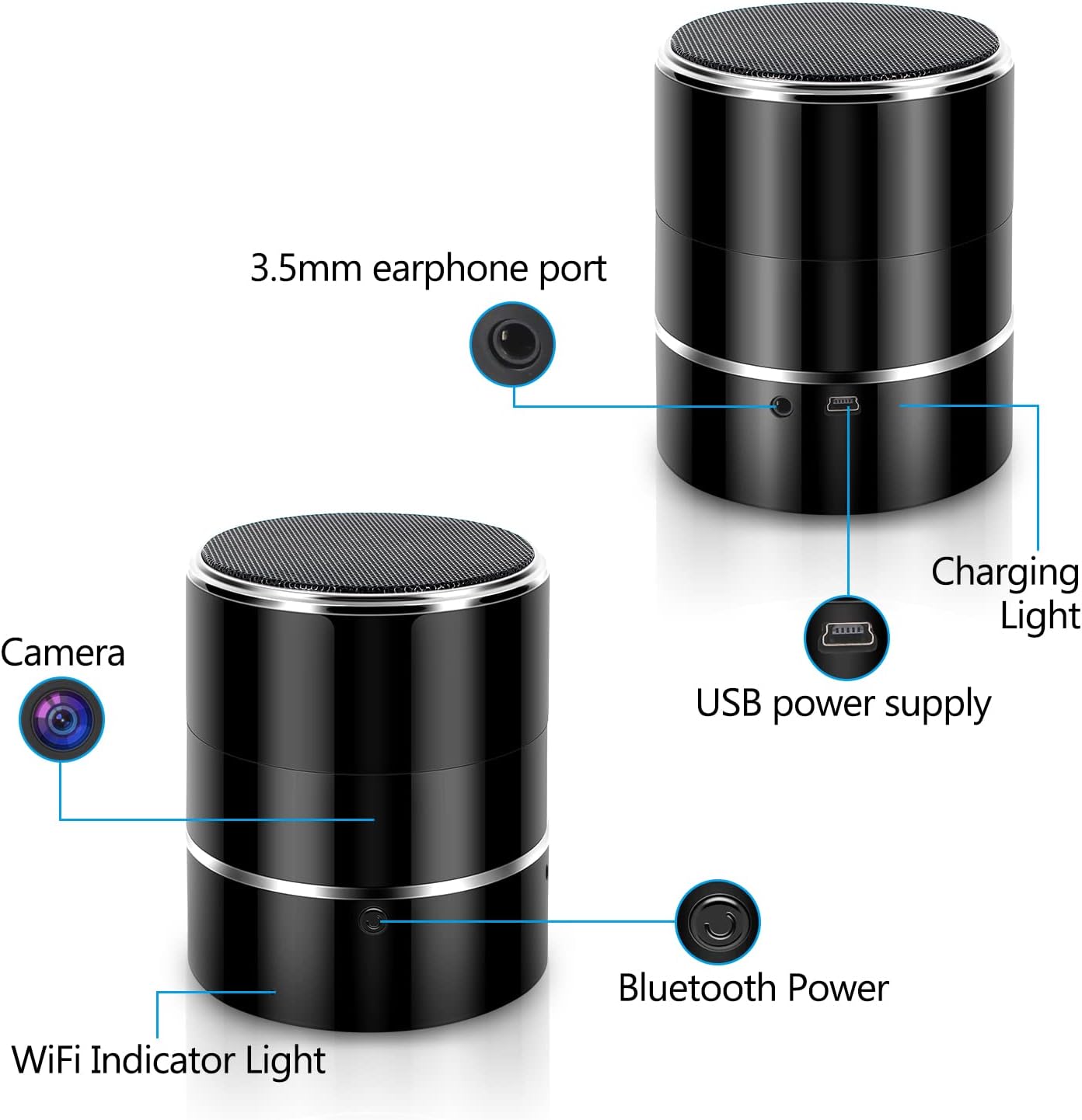 Hidden Camera Speaker, 180° Rotating WiFi Spy Camera Hide in Bluetooth Speakers, 1080P Nanny Cam with Phone App Remote Viewing, Live Streaming, Motion Detection, Video Recording